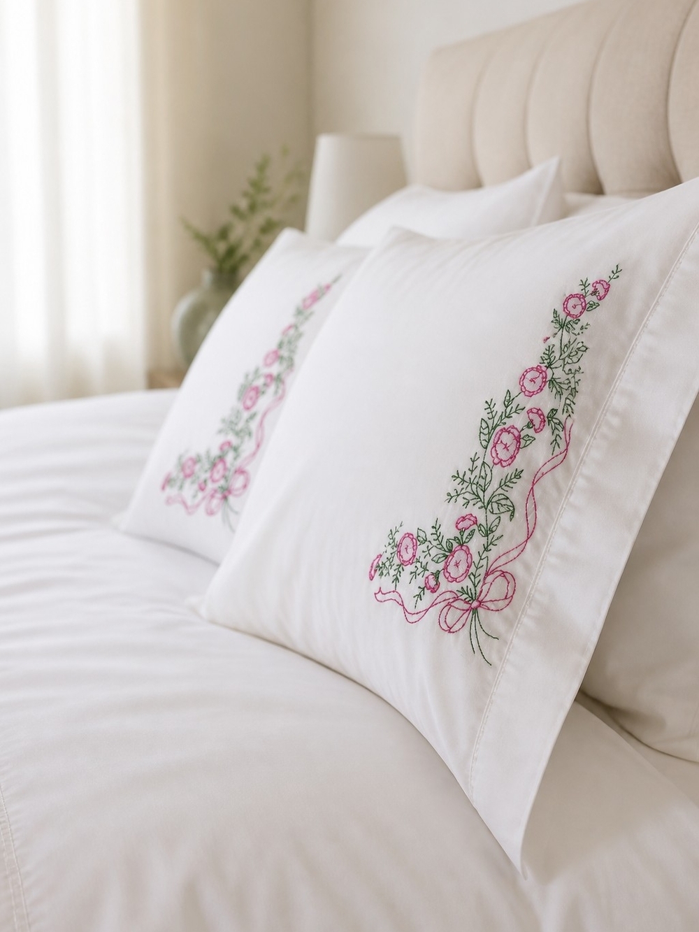 Vintage Hand-Embroidered Pillowcases with Floral Design
